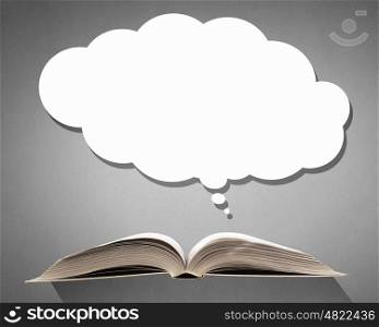 Book and blank bubble. Opened book with speech cloud above pages