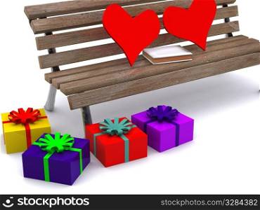 book and gifts on bench. 3D