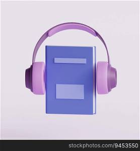 Book and headphones in cartoon style. Concept of listening audiobooks. 3d render illustration