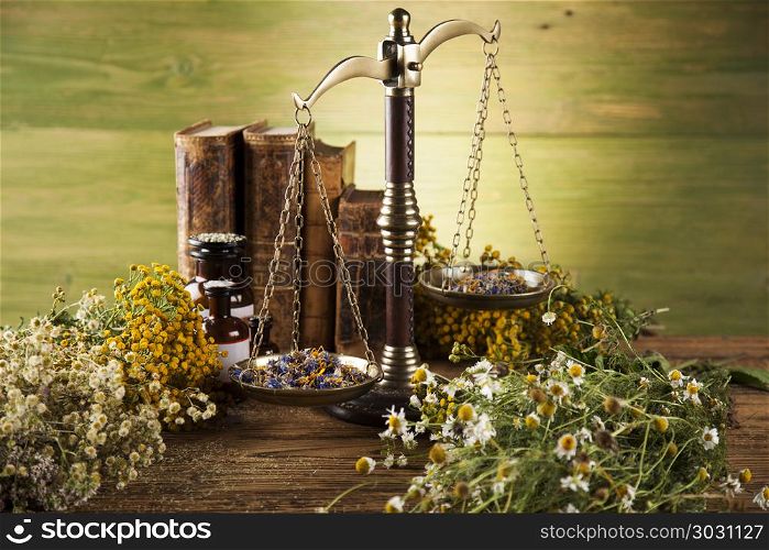 Book and Herbal medicine on wooden table background. Herbal medicine and book on wooden table background