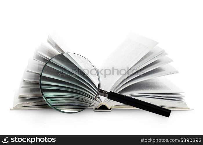 Book and magnifying glass isolated on white. Search concept