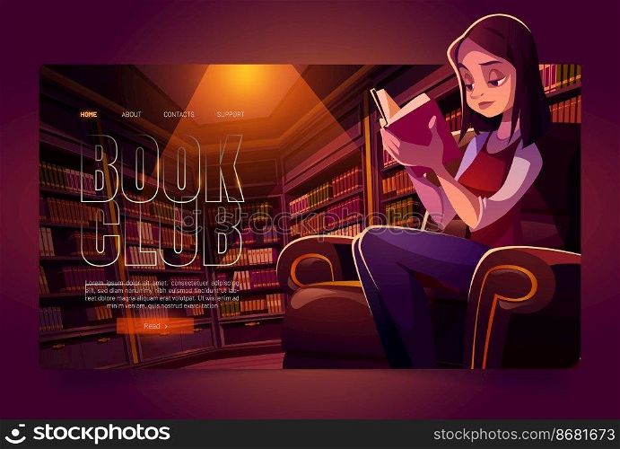 Book club cartoon landing page, young woman reading in library at night time. Thoughtful girl in dark room with bookcases around. Online application or service for readers fun, vector web banner.. Book club cartoon landing page, woman reading