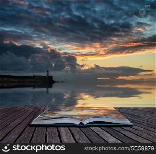 Book concept Stunning sunrise over ocean with lighthouse and harbor wall