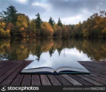 Book concept Stunning vibrant Autumn woodland reflected in still lake water landscape