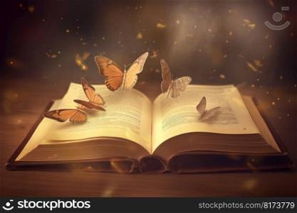 Book glowing butterfly. Magic dream. Generate Ai. Book glowing butterfly. Generate Ai