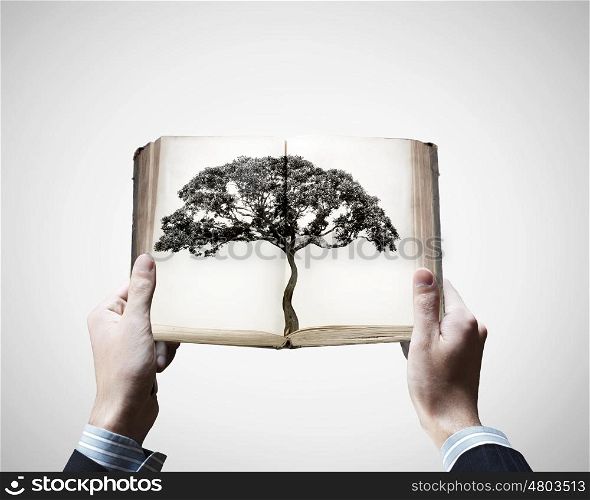 Book in hands. Concept of education and knowledge with tree on book pages