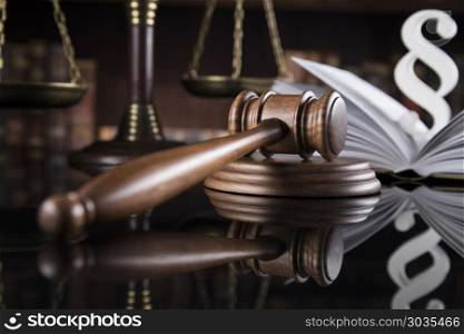 Book, Law, legal code of justice concept and paragraph sign . Book, Court gavel,Law theme, mallet of judge and paragraph sign