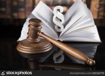 Book, law theme, mallet of judge, wooden gavel. Book, Wooden gavel barrister, justice concept, paragraph