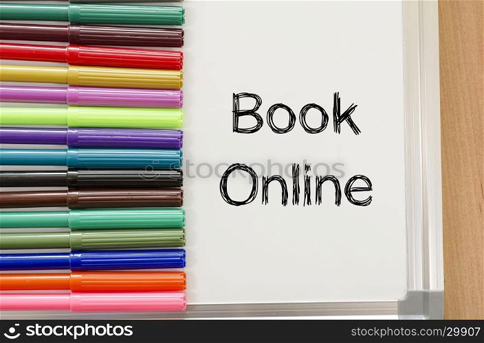 Book online text concept over whiteboard background