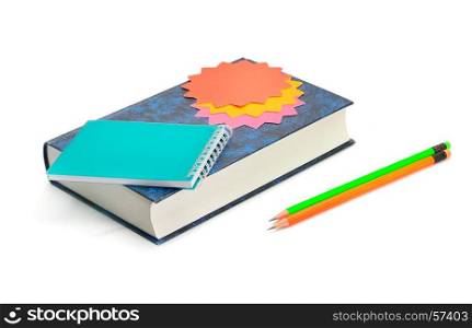 Book, pencils, notebook and stickers isolated on white background