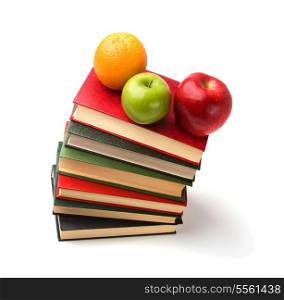 book stack with fruits isolated on white background