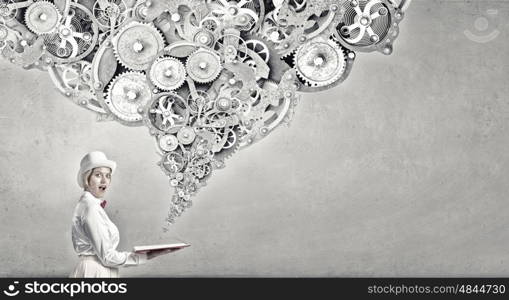 Book that blow up your imagination. Young woman in white hat with opened book in hands and gears flying out