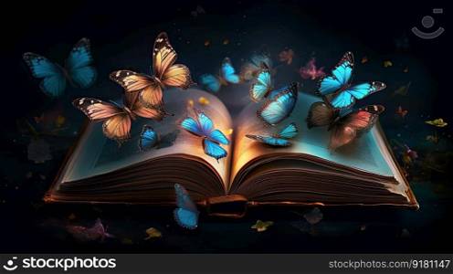 Book with beautiful butterflies coming out of it. Generative, AI