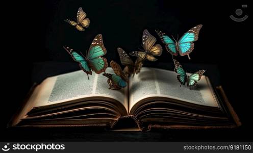Book with beautiful butterflies coming out of it. Generative, AI