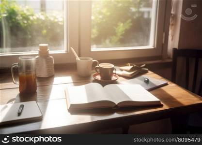 Book with coffee near window. Spring house nature. Generate Ai. Book with coffee near window. Generate Ai