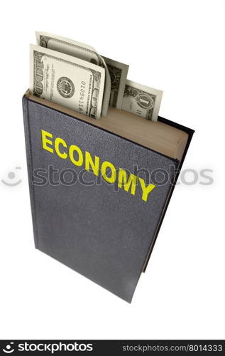 Book with dollars as bookmarks isolated over the white background