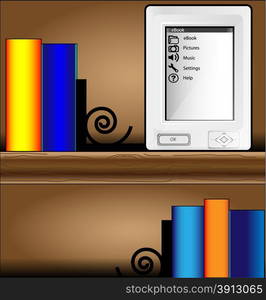 Bookcase with colorful books and ereader