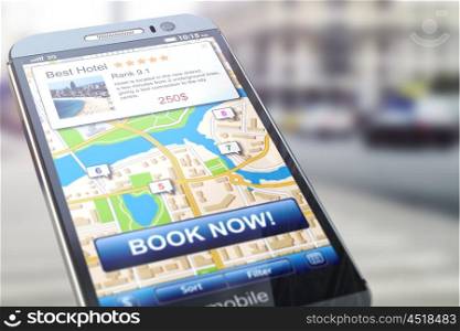 Booking hotel by smartphone. Mobile phone with map of the city and proposals for appartment reservation. 3d illustration