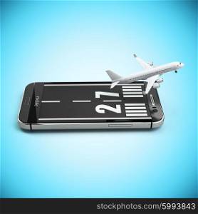 Booking or buying airline tickets online concept. Smartphone or mobile phone with runway and airplane. 3d