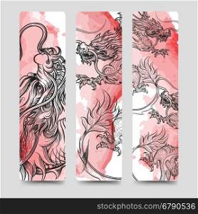 Bookmark set with chinese dragon. Bookmark set with chinese dragon and watercolor backdrop. Vector illustration