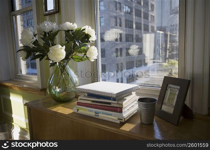Books and a flower vase on a cabinet near a window