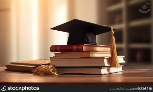 Books and graduation cap. Illustration Generative AI
