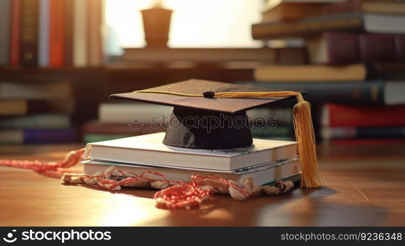 Books and graduation cap. Illustration Generative AI
