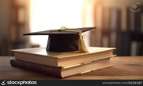 Books and graduation cap. Illustration Generative AI
