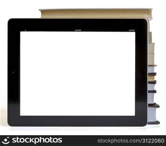 Books and iPad like tablet computer isolated on white, digital library concept,