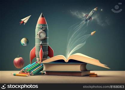 Books And Pencils With Rocket Sketch. Illustration Generative AI 