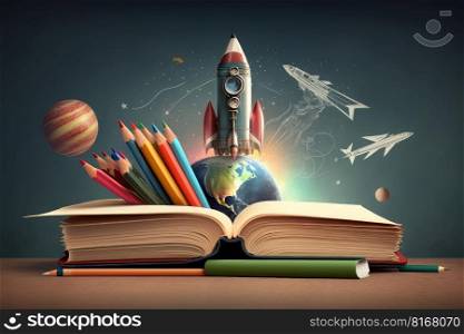 Books And Pencils With Rocket Sketch. Illustration Generative AI 