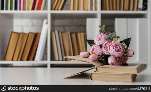 books shelf flowers arrangement