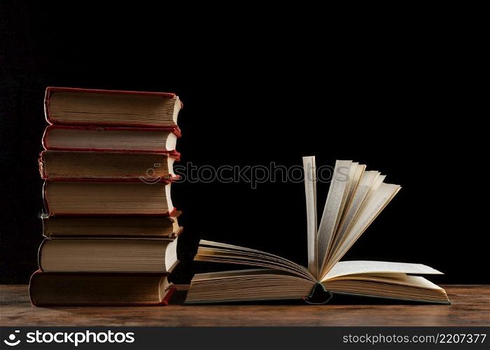 books stack with dark background