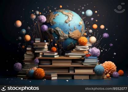 Books with Globe floating around it like planets and galaxies , Science, education, Created with generative AI