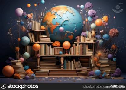 Books with Globe floating around it like planets and galaxies , Science, education, Created with generative AI