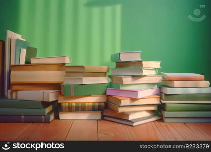 Books wooden table green wall. Ancient ink. Generate Ai. Books wooden table green wall. Generate Ai