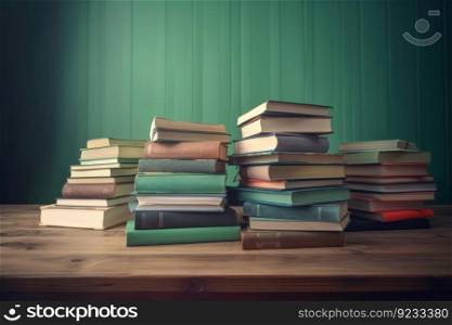 Books wooden table. Literature retro. Generate Ai. Books wooden table. Generate Ai