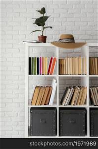 bookshelf with plant hat. High resolution photo. bookshelf with plant hat. High quality photo