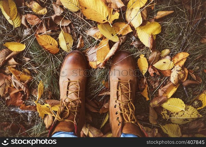 boots on a background of a autumn leaves