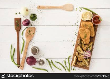 border arranging from cooking utensils ready meal wooden desk. High resolution photo. border arranging from cooking utensils ready meal wooden desk. High quality photo