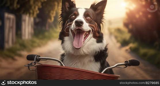 Border Collie dog have fun bicycle ride on sunshine day morning in summer on town street