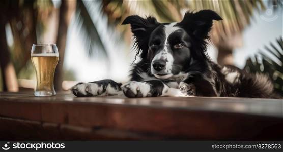 Border Collie dog is on summer vacation at seaside resort and relaxing rest on summer beach of Hawaii