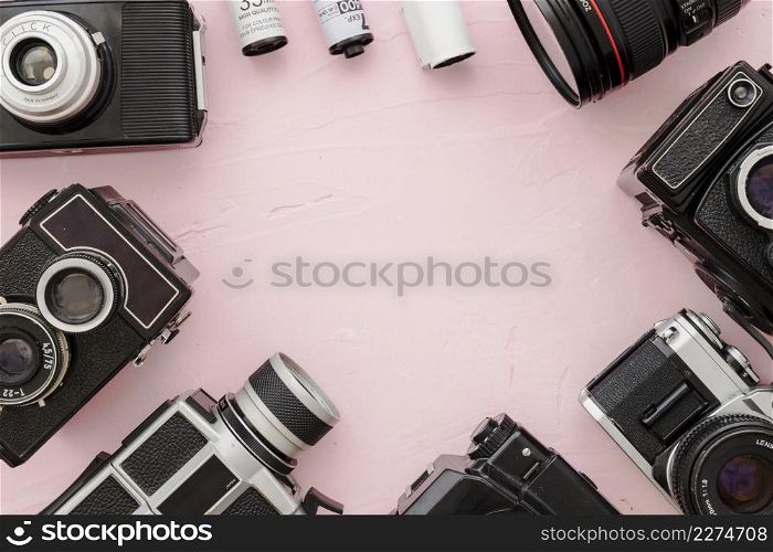 border from cameras film pink background