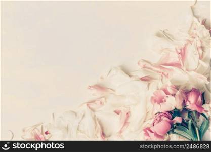 Border of Beautiful retro pink and white peony flowers with copy space for your text top.. Border of Beautiful retro pink and white peony flowers with copy space for your text top
