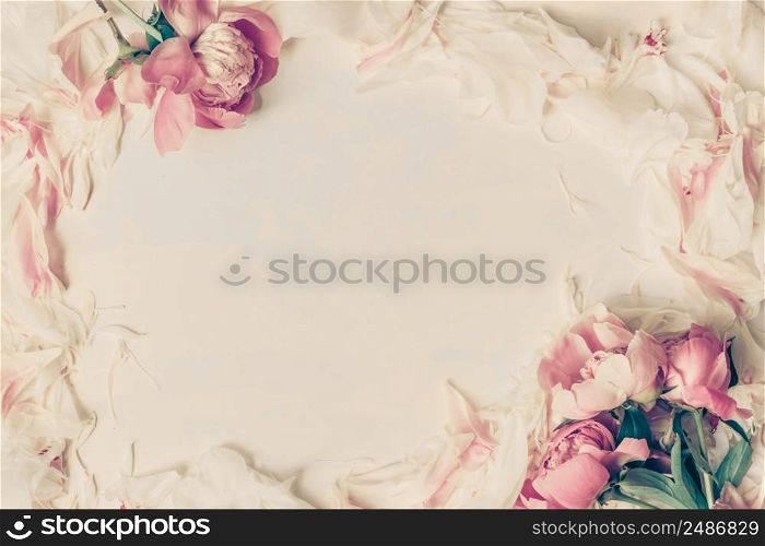Border of Beautiful retro pink and white peony flowers with copy space for your text.. Border of Beautiful retro pink and white peony flowers with copy space for your text