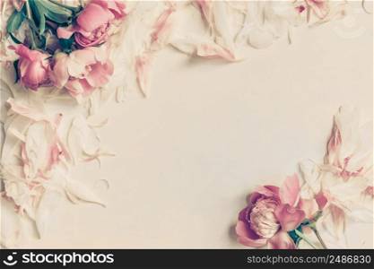 Border of Beautiful retro pink and white peony flowers with copy space for your text.. Border of Beautiful retro pink and white peony flowers with copy space for your text