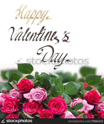 border of pink rose flowers on white background with happy valentines day greetings. border of pink flowers