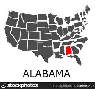 Bordering geographical map of USA with State of Alabama marked with red color.