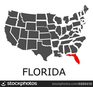 Bordering geographical map of USA with State of Florida marked with red color.