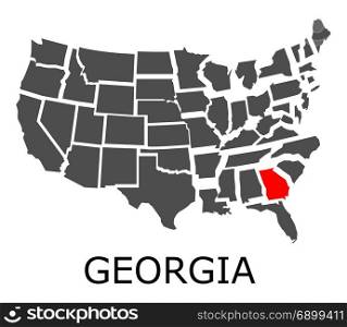 Bordering geographical map of USA with State of Georgia marked with red color.